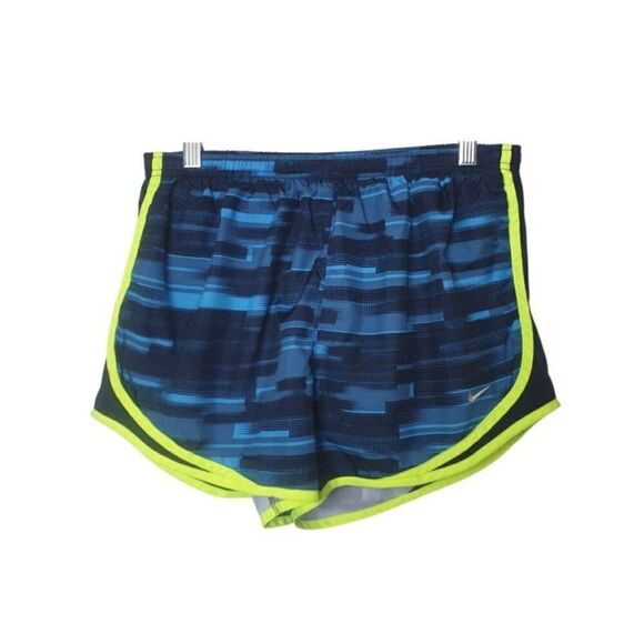 Nike Womens Running Shorts L Blue & Neon Green Athletic Dri-Fit Lined Sportswear - Picture 1 of 5